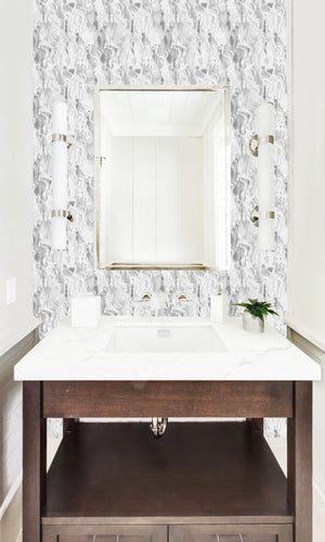 wood vanity bathroom, single wood vanity bathroom, bathroom wallpaper accent wall, small bathroom vanity, powder room vanity, powder room mirror