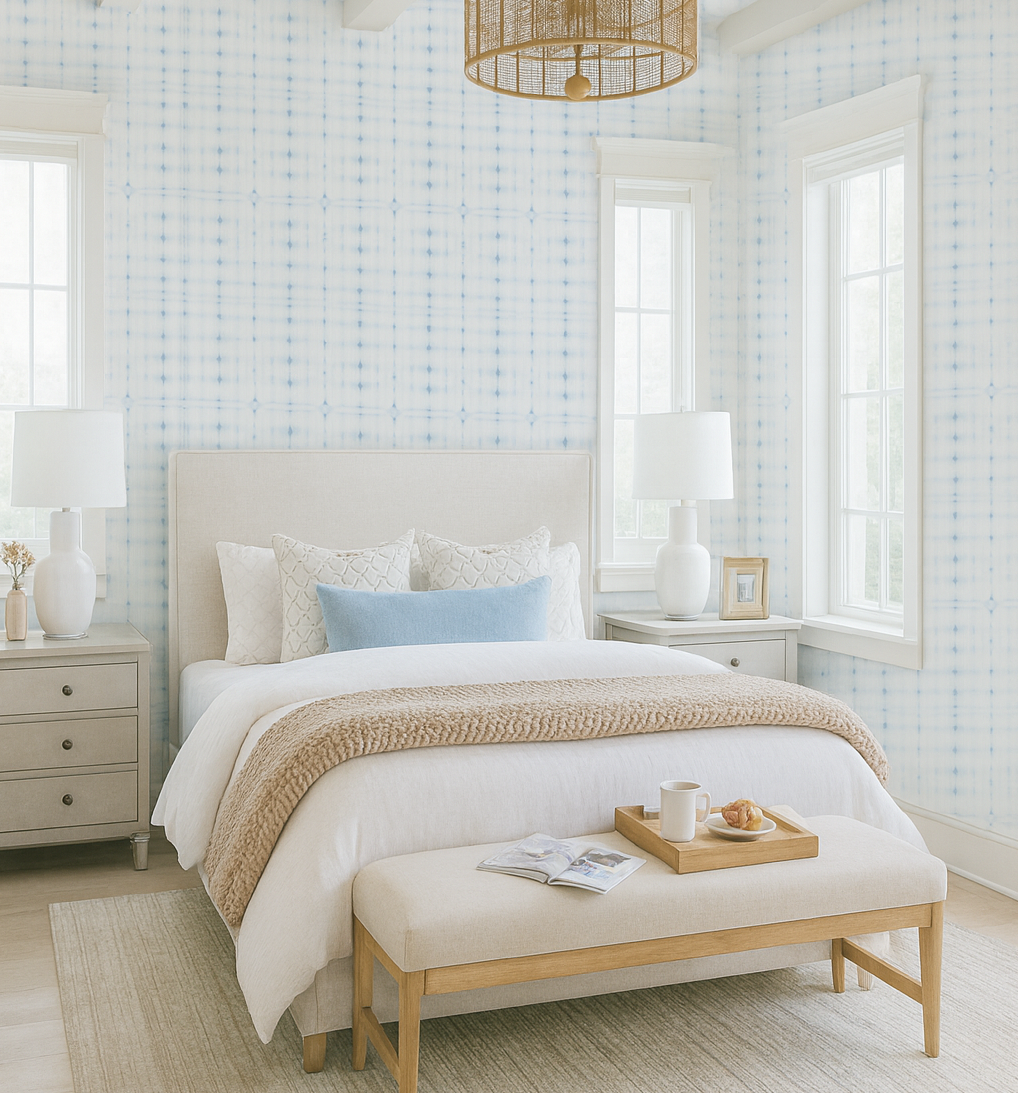 coastal bedroom wallpaper, walls pale blue bedroom, 2026 bedroom trends decor, soft blue wallpaper bedroom photos, charleston beach house bedroom, coastal living bedroom design