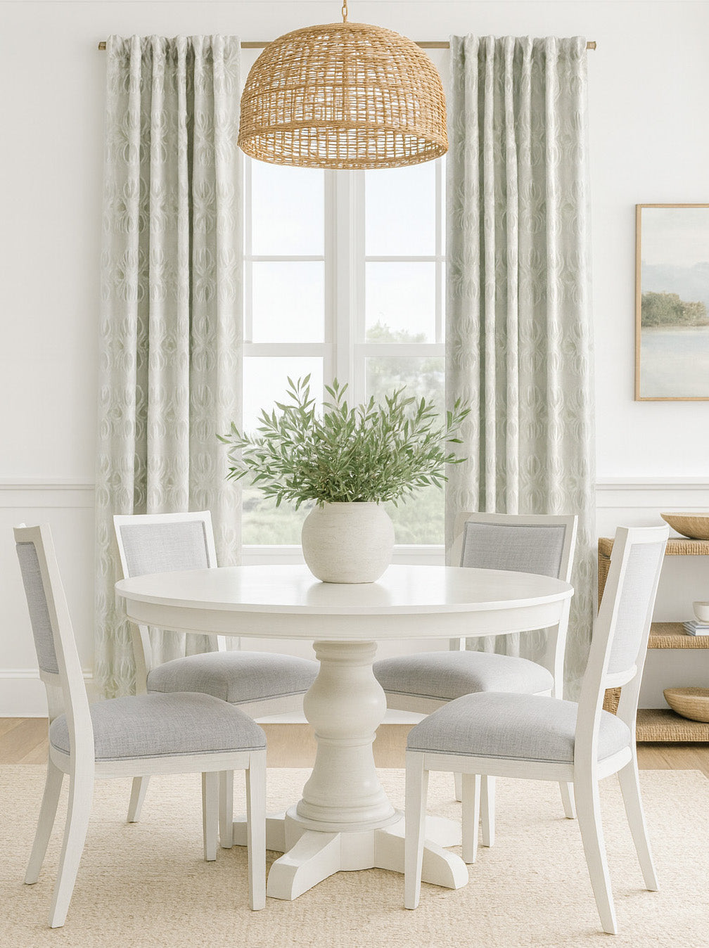 coastal neutral curtains, gray green white curtains, palmetto bluff interior designer, interior design bluffton, bluffton dining room, neutral curtains dining room