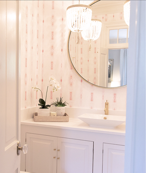 blush powder room, pink powder room, blush wallpaper, half bath wallpaper, blush pink wallpaper, powder room layout