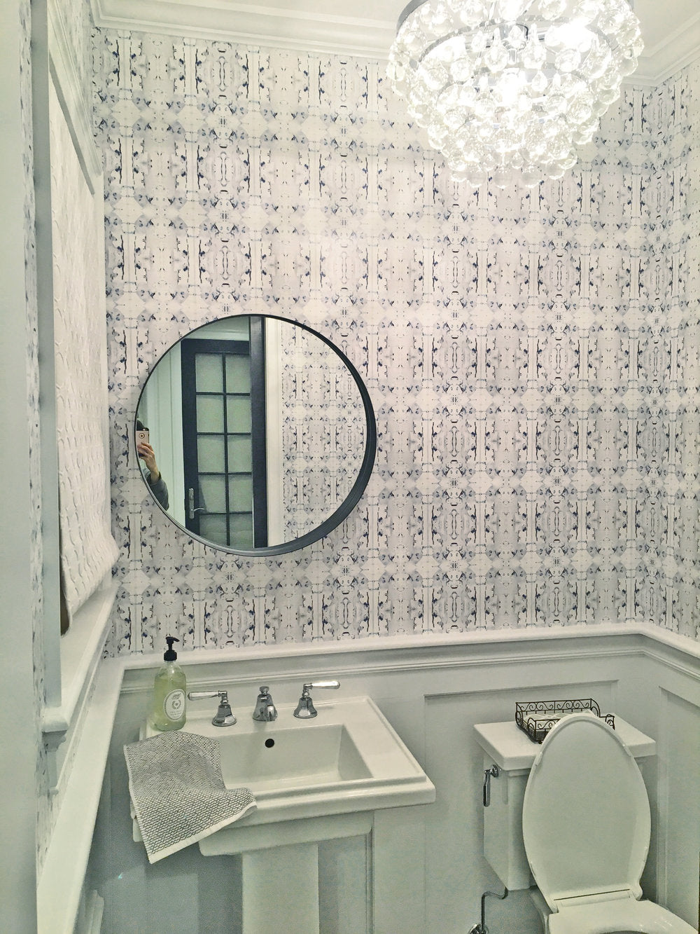 powder room wallpaper, white gray wallpaper, painted wallpaper, half bath wallpaper