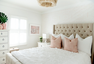 blush accent wall bedroom, accent wall wallpaper, wallpaper behind bed neutral blush bedroom decor