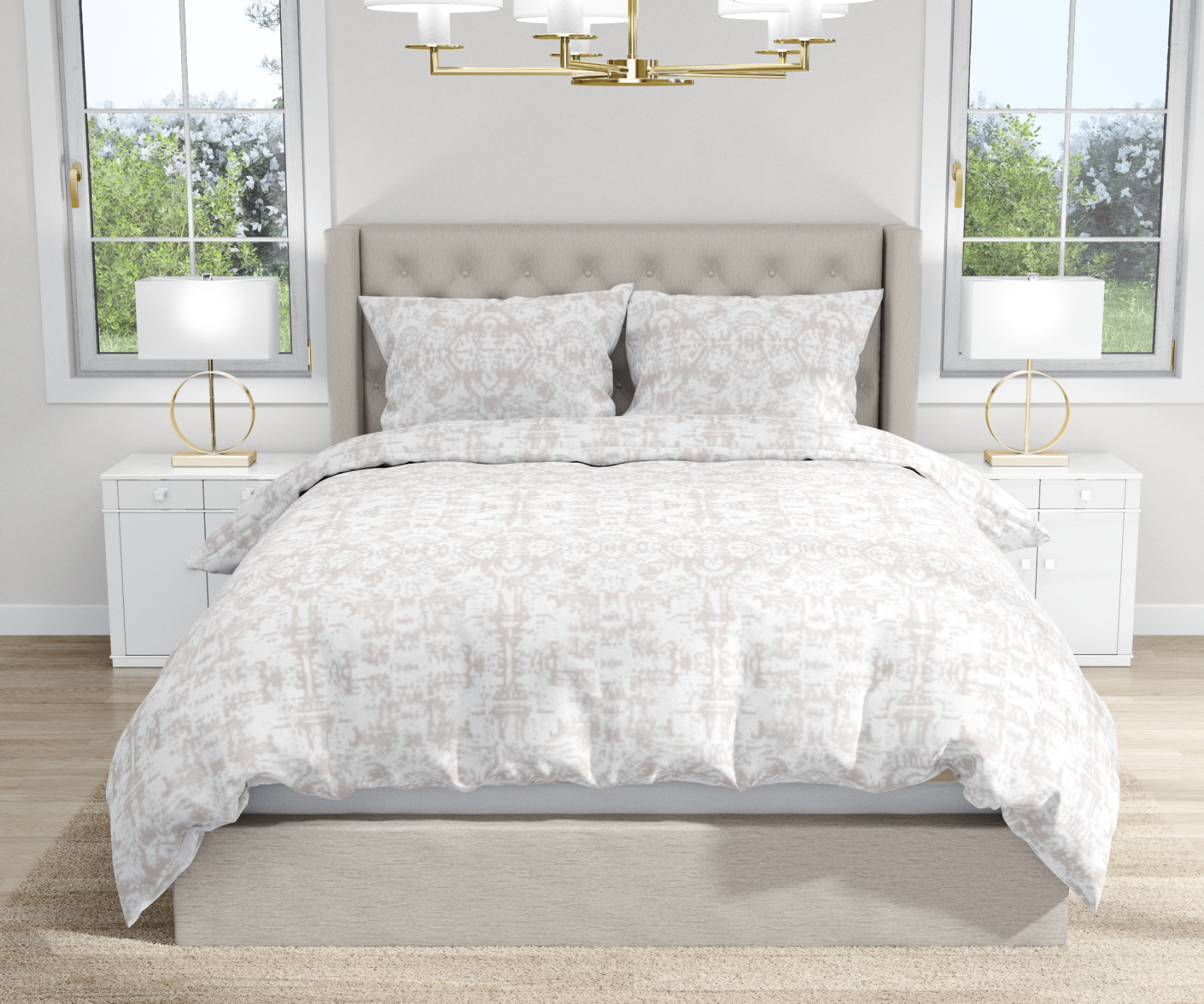 beige linen and  white bedding