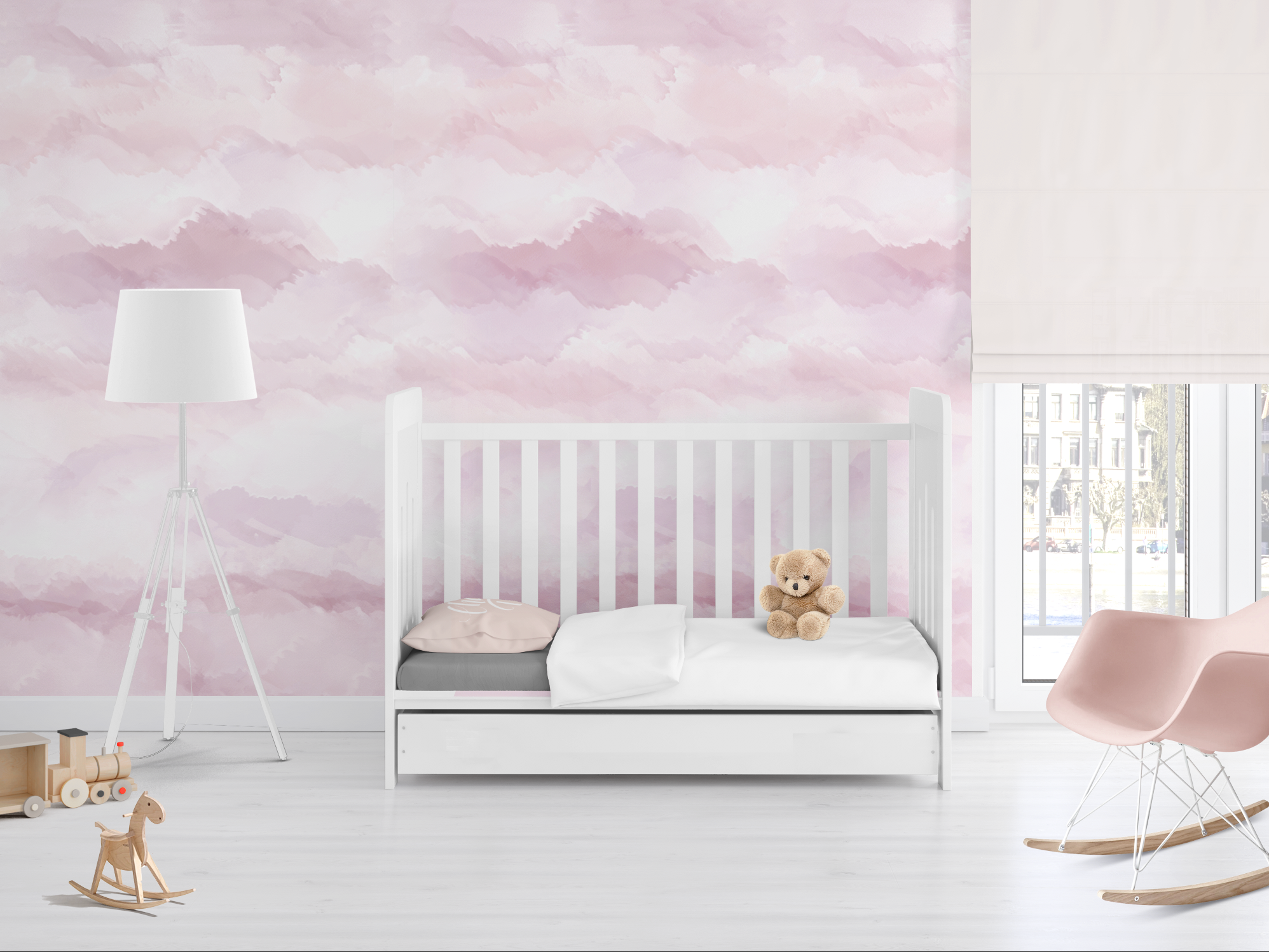 girls nursery wallpaper accent wall, pink watercolor wall mural, nursery white shades, white and pink nursery photos