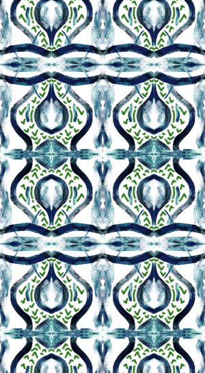painted ikat wallpaper, blue green painted wallpaper, navy and green paint stroke wallpaper, painterly wallpaper blue green