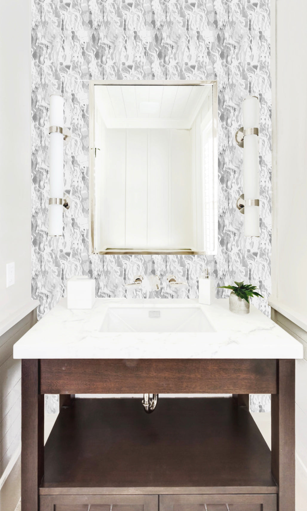 wood vanity bathroom, single wood vanity bathroom, bathroom wallpaper accent wall, small bathroom vanity, powder room vanity, powder room mirror