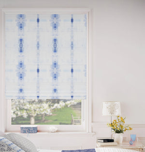 subtle blue roman shade, artist designed fabric, bungalow style shade, roman shade blue white, roman shade bedroom ideas, 2018 roman shade pictures