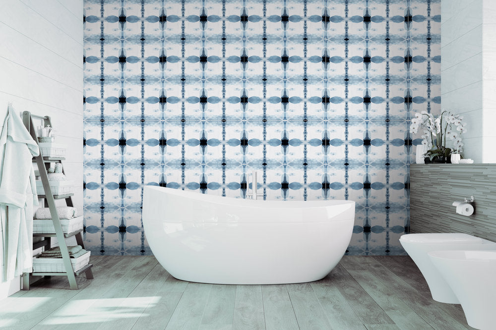 blue white accent wall bathroom, master bathroom accent wall, wallpaper behind tub