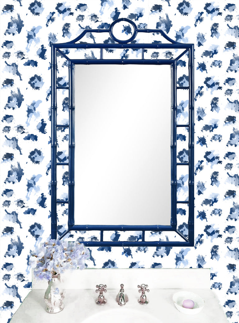 blue powder room, blue bamboo mirror, navy bamboo mirror, blue wicker mirror bathroom